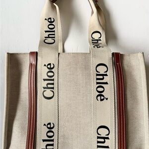 Chloé Woody Canvas Tote Bag with Brown Accents
